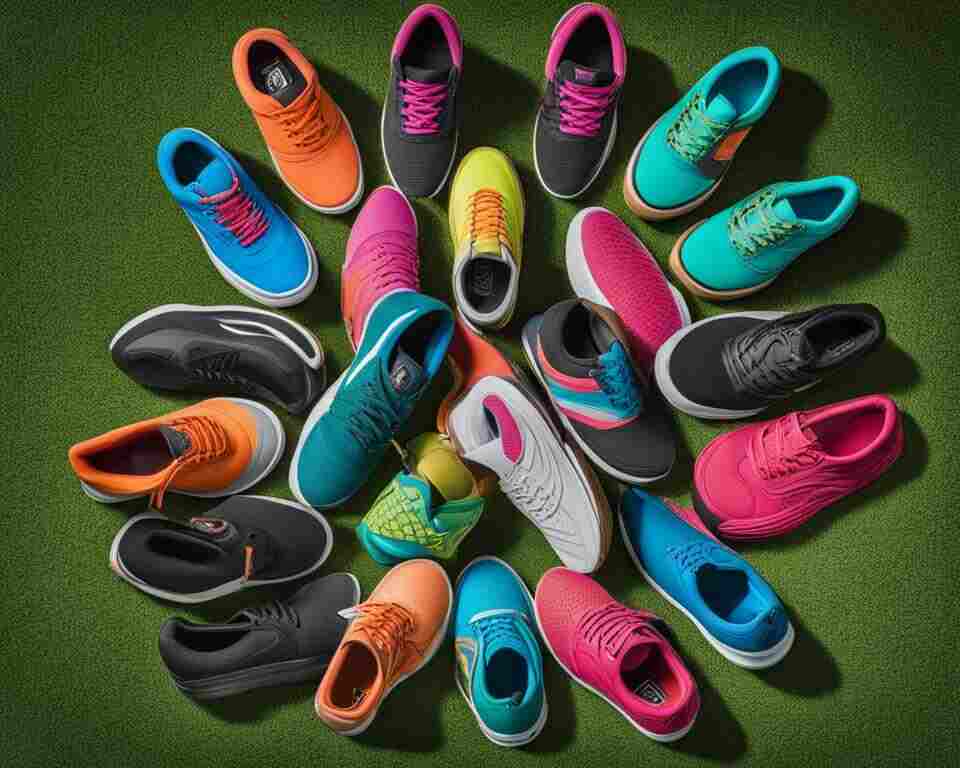 A colorful array of disc golf shoes arranged in a circle, with the Vans shoe showcased in the center. 