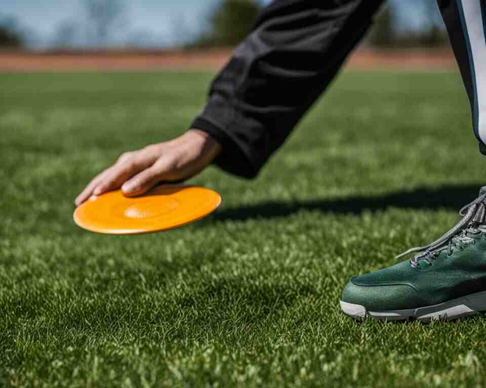 A disc golfer wearing turf shoes picking up their disc off the ground.