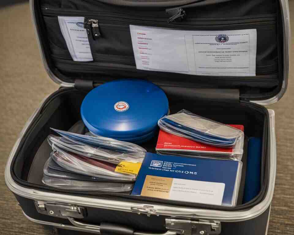 A stack of disc golf discs sitting in an open suitcase, with a TSA agent inspecting them closely. 