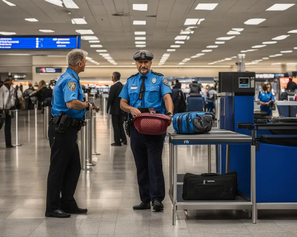 A TSA agent inspecting disc golf discs closely at a security checkpoint.