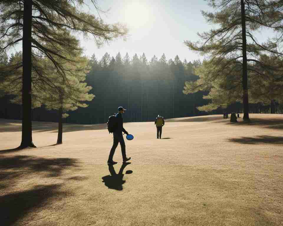 A lone figure walking through the woods with a disc golf bag slung over their shoulder.