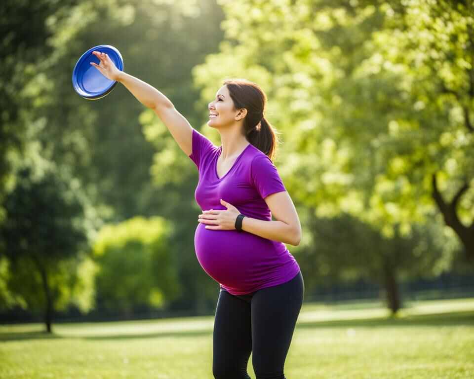 A pregnant woman in a disc golf course, ready to throw a disc in one hand.
