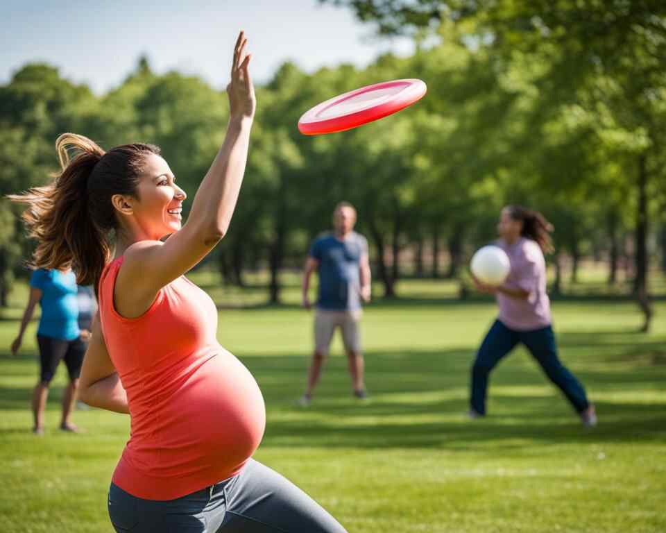 A pregnant woman throwing a disc at a basket.