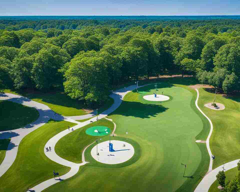 An aerial view of a lush disc golf course with winding fairways and scattered trees.