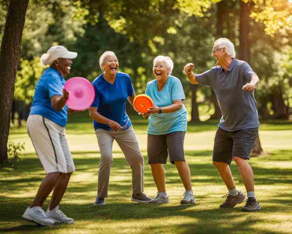A group of seniors citizens are playing disc golf on a sunny day in a park surrounded by trees.