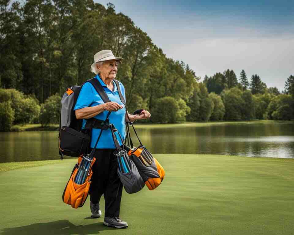 An elderly person wearing comfortable shoes, holding a disc golf bag with adjustable straps, and carrying lightweight disc golf discs with ergonomic grips.