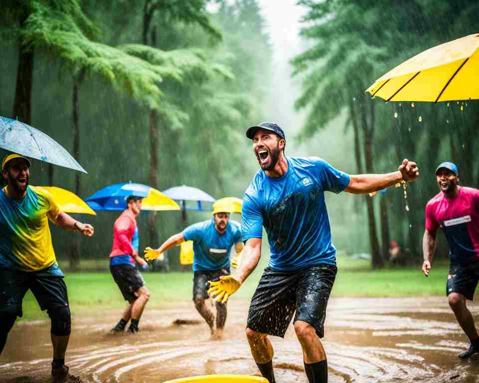 A group of disc golfers playing in a muddy course, with raindrops falling heavily on the ground and creating small puddles.