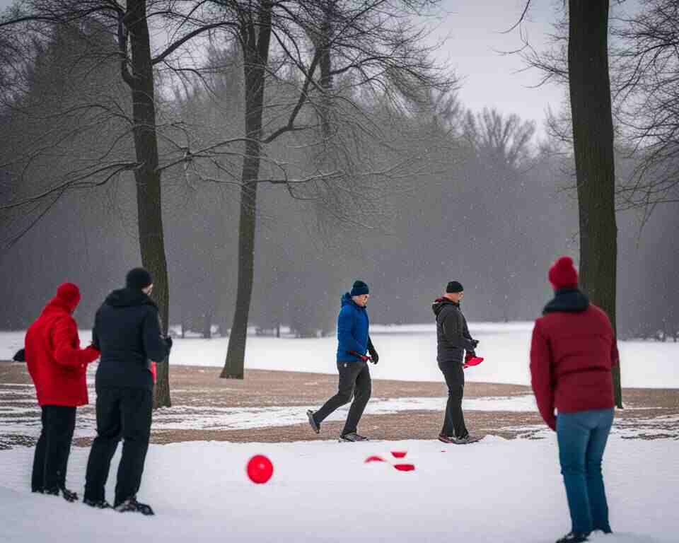 Show a group of people playing disc golf on a snowy course.
