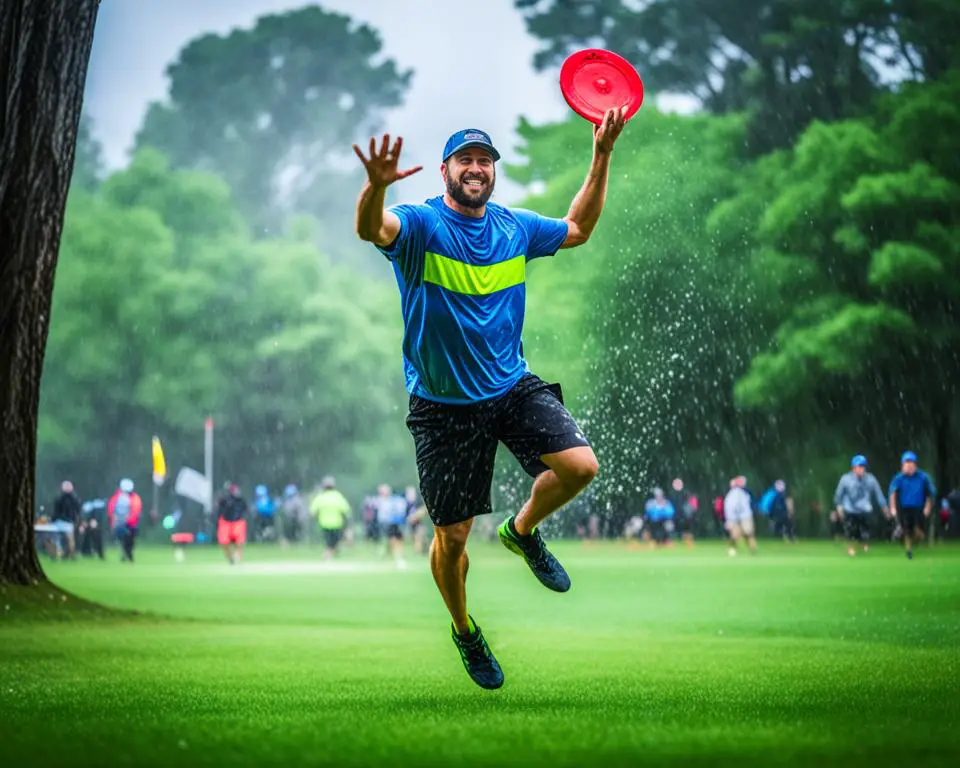A disc golf player throwing a disc towards a basket, as it rains.