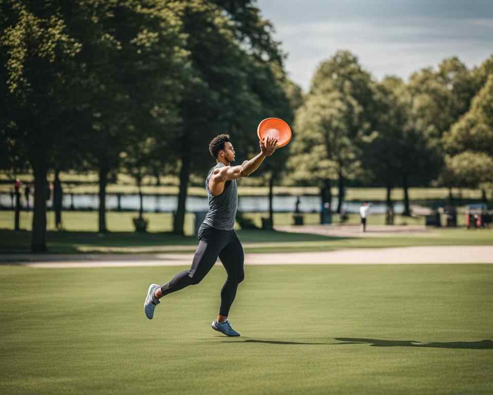A disc golfer perfecting his hammer throw technique.