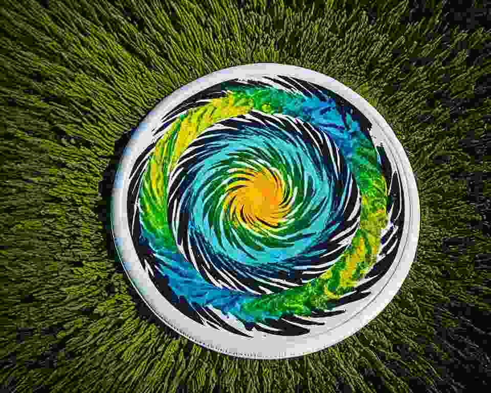 A vibrant swirl of color surrounds a white golf disc, with various shades blending together in a water-like pattern.