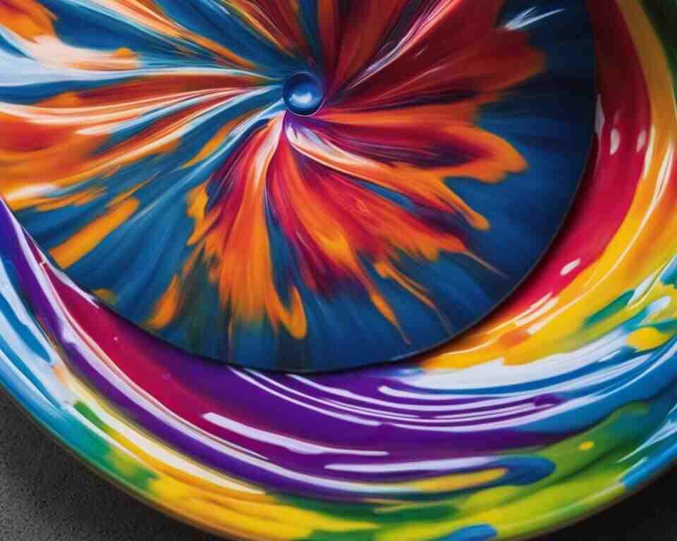 A golf disc partially submerged in a container of swirling paint, with vibrant colors and patterns spreading out.