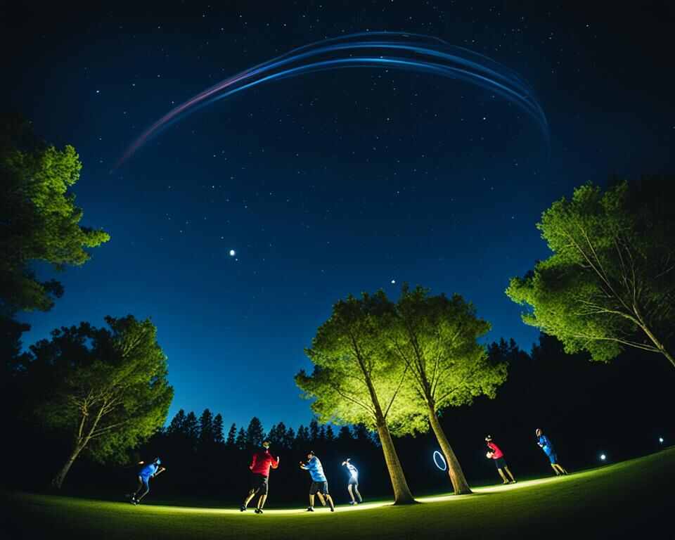 A dark sky illuminated by the moon glowing down on a group of people playing disc golf under the stars.