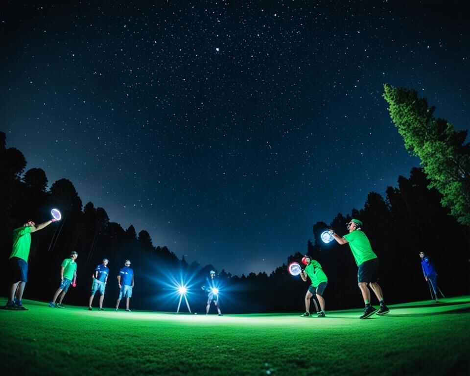 A group of people illuminated by the moonlight, standing on a disc golf course.
