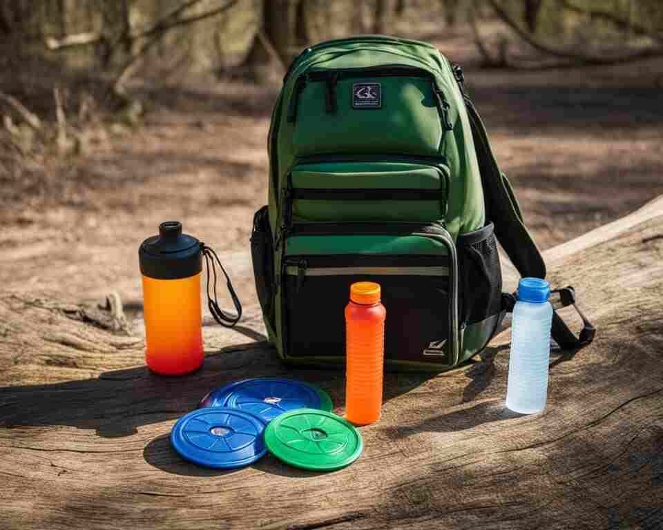 A minimalist set of disc golf equipment, consisting of just one disc, a water bottle, and a backpack for holding any other necessary items.