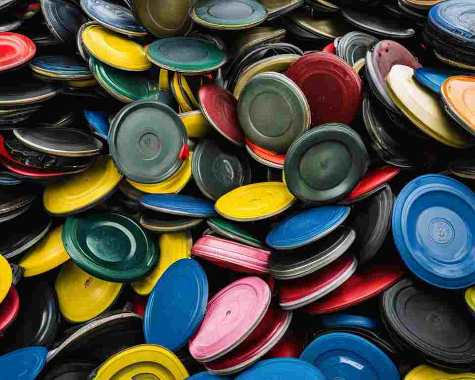 A large pile of disc golf discs, ready for recycling.