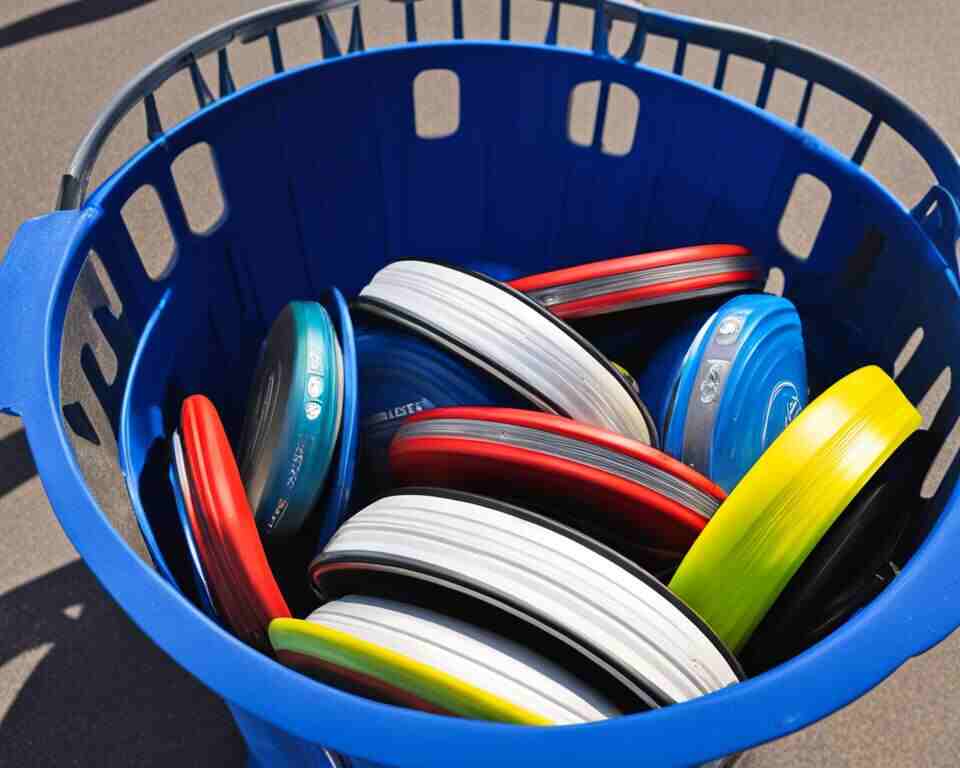 A bunch of disc golf discs in a blue recycle bin.