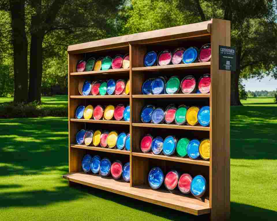 An outdoor display of colorful rental disc golf discs arranged neatly on racks