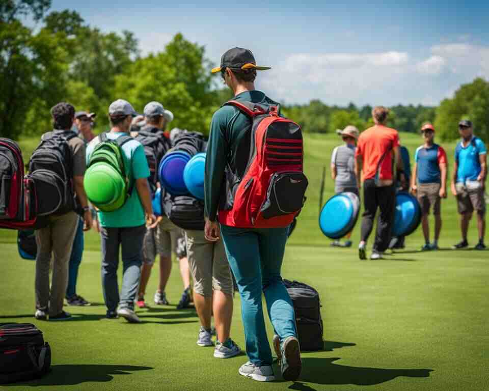 A player confidently walking towards the course with a backpack full of rented disc golf discs.