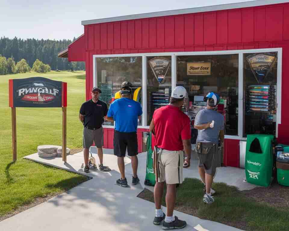 A group of people standing in front of a disc golf rental shop on a disc golf course.