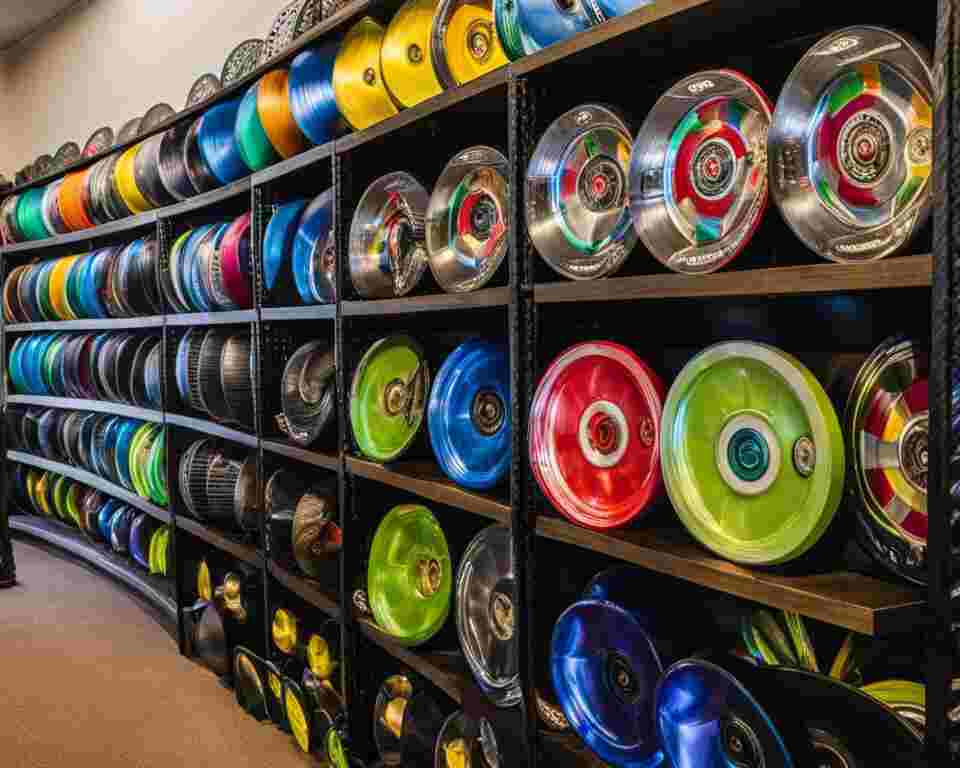 The inside, a disc golf rental shop on a disc golf course looking at discs on a wall.