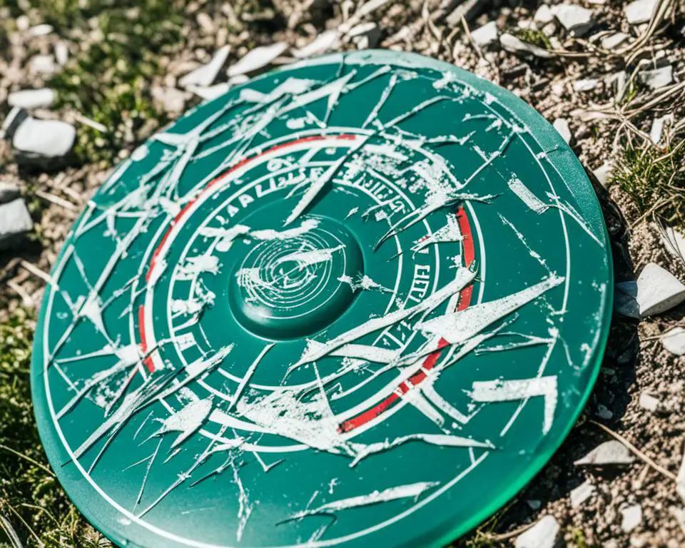 A close-up view of a damaged disc golf disc.