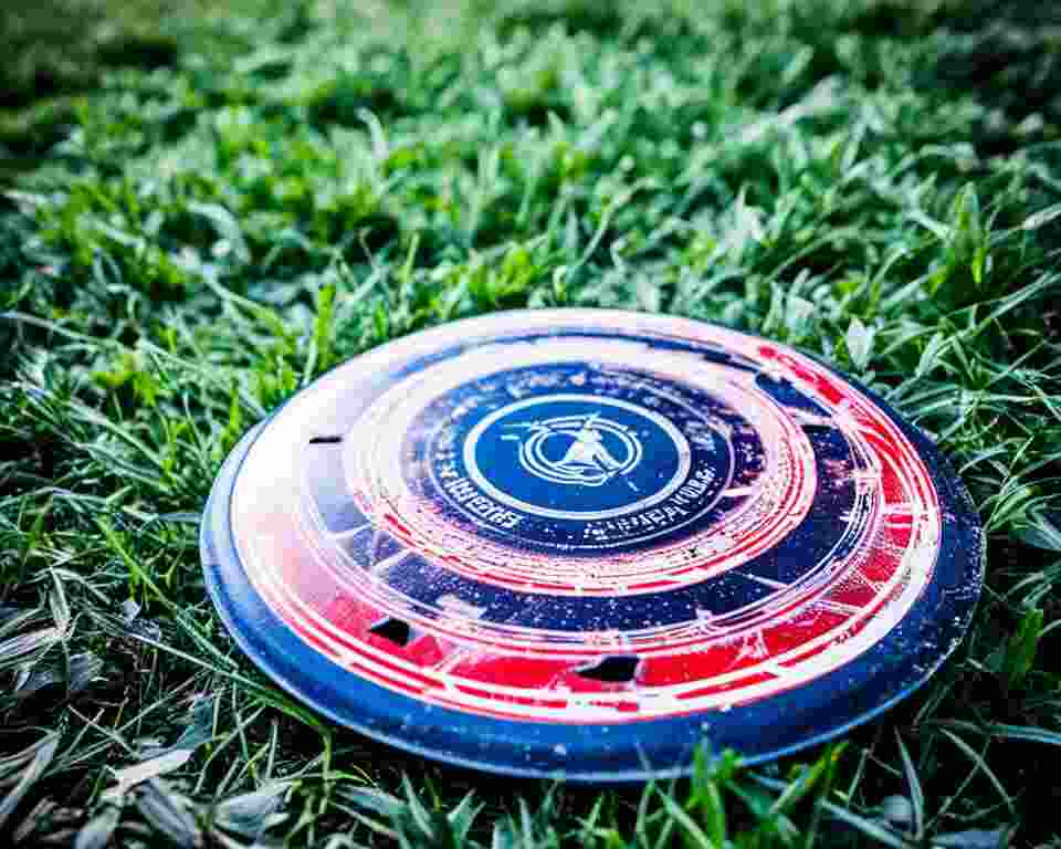 A close-up view of a damaged disc golf disc laying on the fairway.