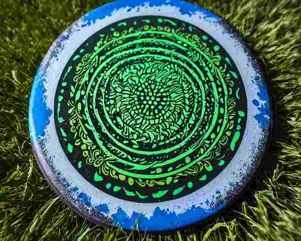 An image of a disc golf disc with sanding marks that have distinctive swirls and patterns.