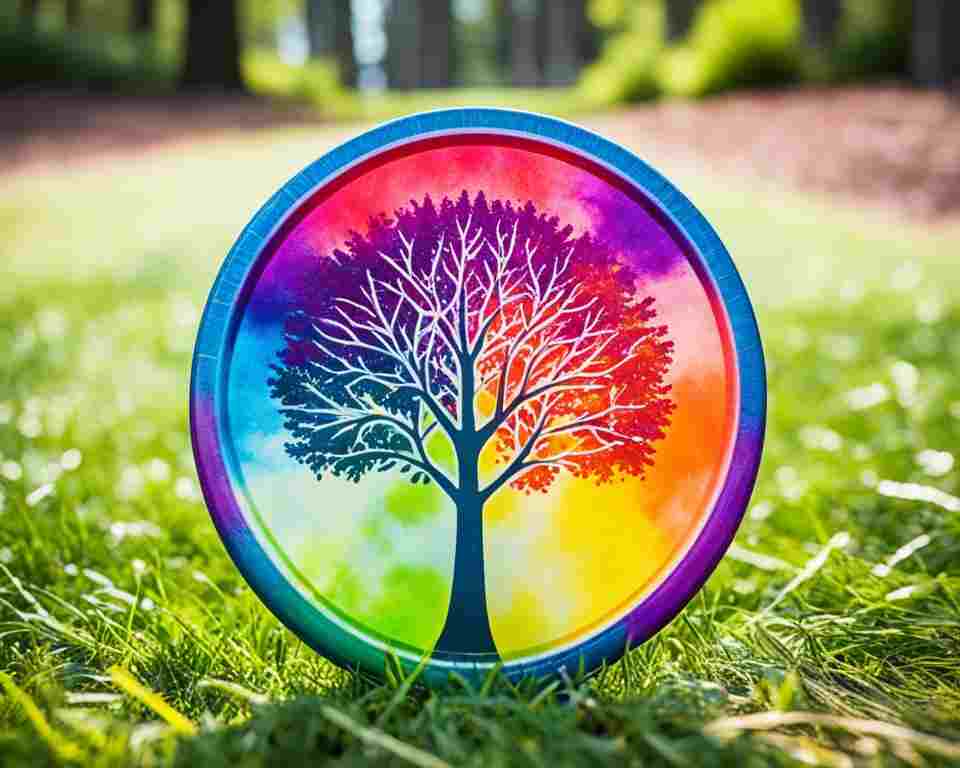 A multicolored disc golf disc with a spray paint texture, laying on the grass on a course.