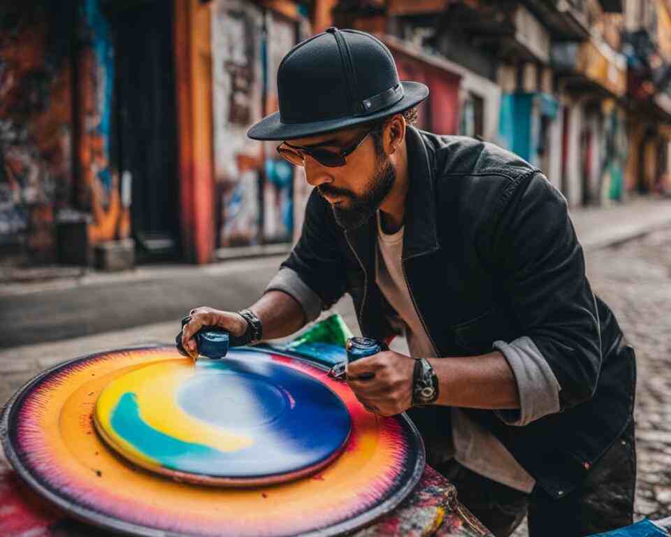 A man with a spray can, painting a disc golf disc with vibrant colors.