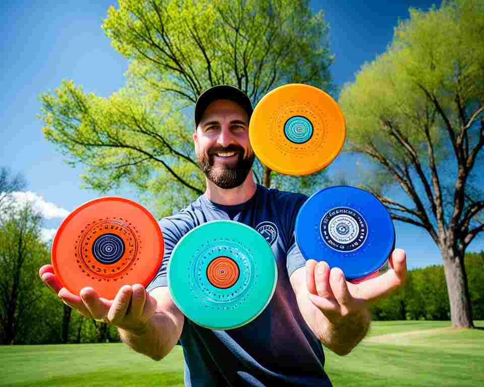 A person holding a selection of left-handed disc golf discs.