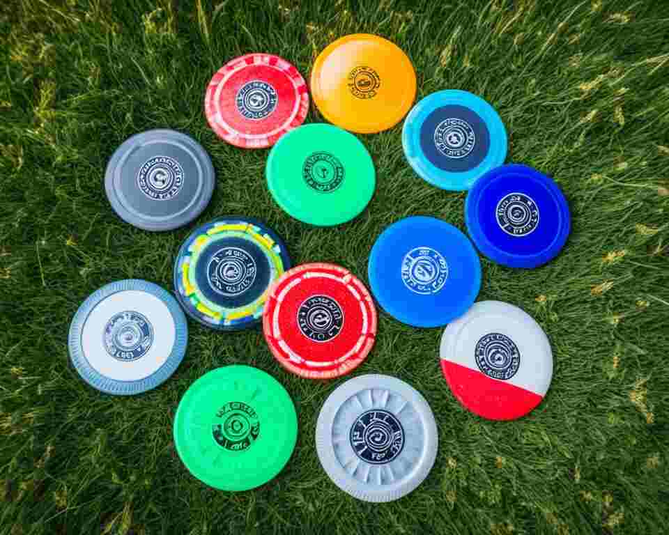 A pile of left-handed disc golf discs in various colors and designs, arranged in a pyramid shape on a grassy field near a disc golf basket. 