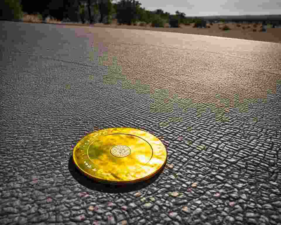 A disc golf disc lying on a scorching hot pavement under the blazing sun. The sun's heat radiates down onto the disc, causing it to warp and lose its shape.