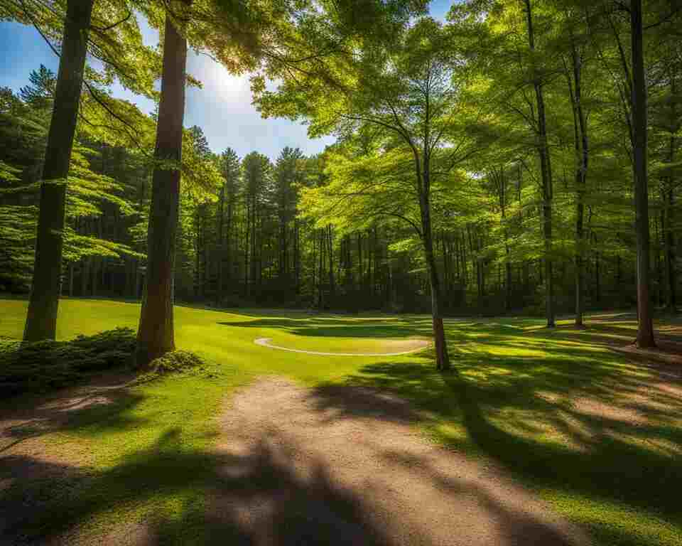 A view of a disc golf course in Pelham, NH.