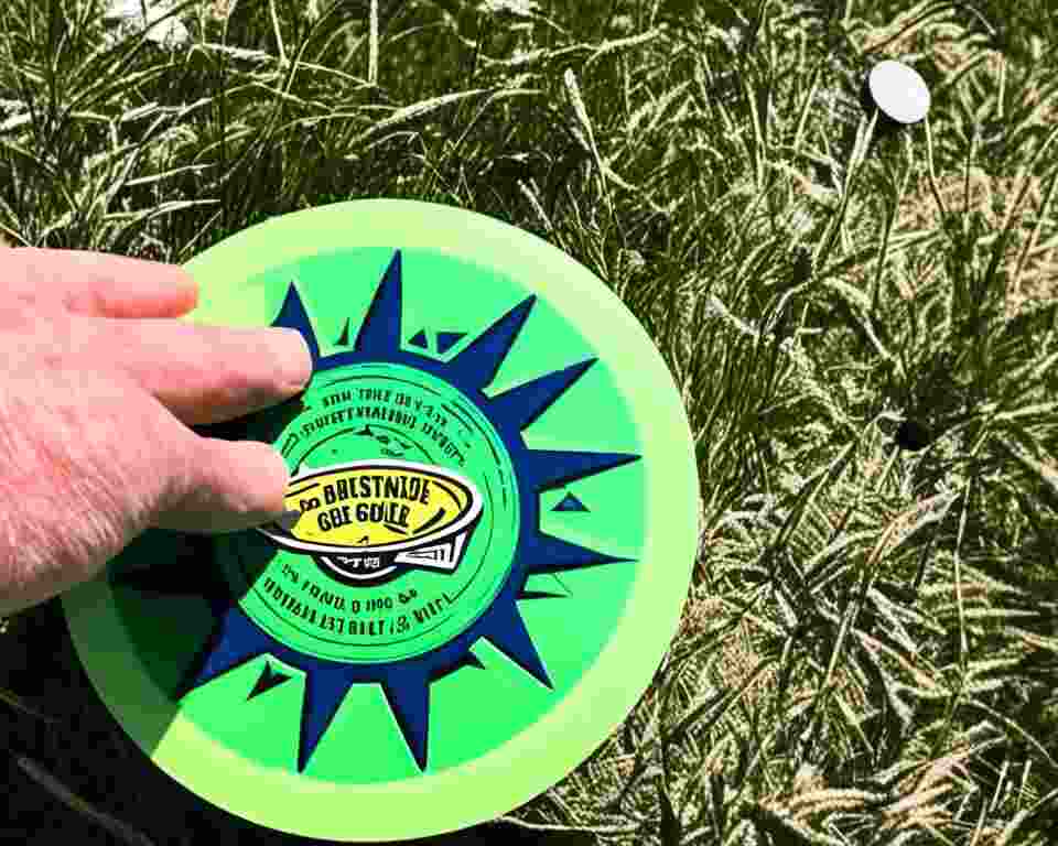 A disc golfer applying a sticker to a golf disc.