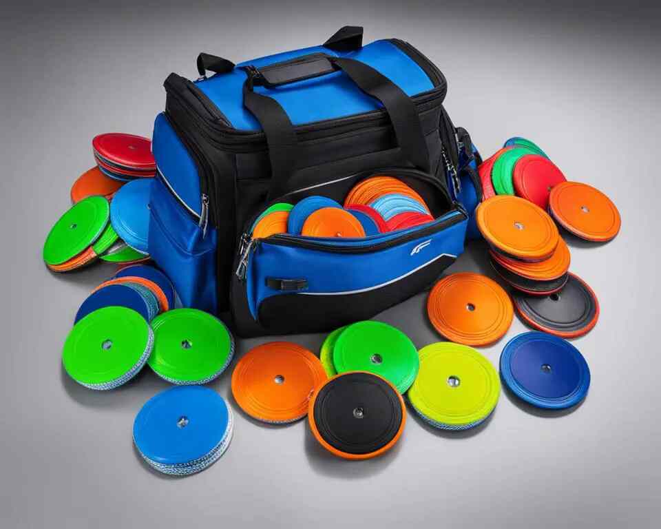 A disc golfer's bag bursting with various disc golf discs designed specifically for windy conditions.