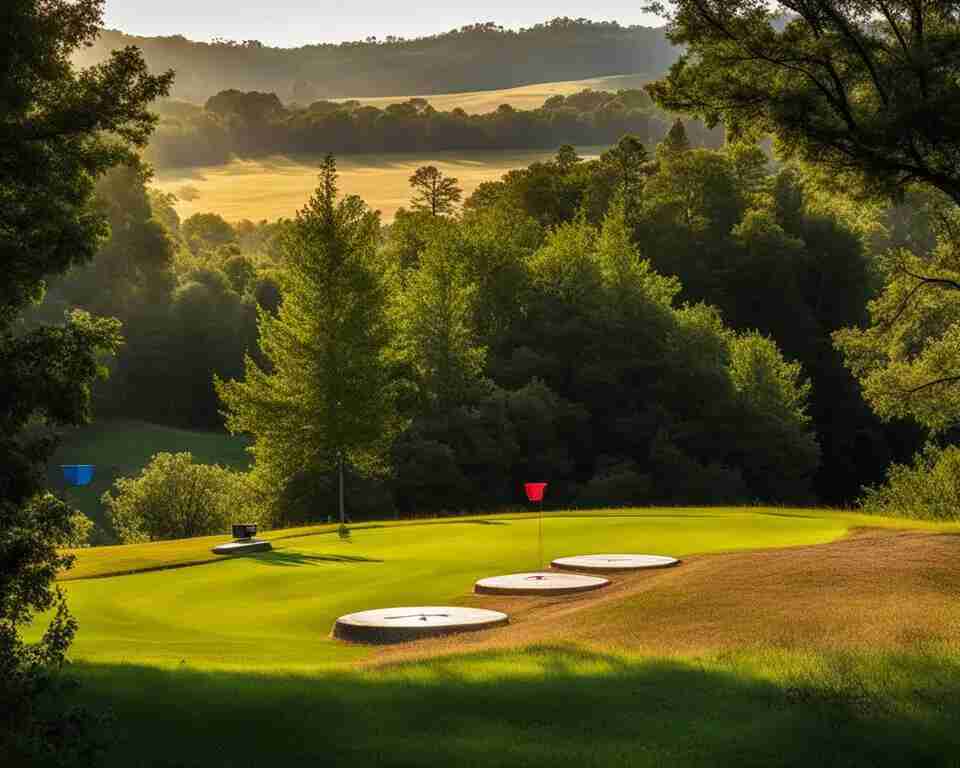 A view of a disc golf course putting green in Eden, New York.