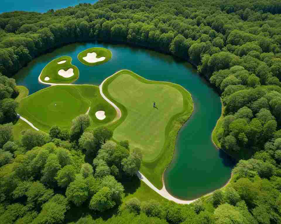 A bird's eye view of Rhode Island's top disc golf courses, with colorful targets and baskets set against a backdrop of lush green trees and rolling hills. 