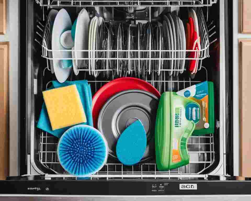 An overhead view of a dishwasher with a disc golf disc inside, surrounded by various cleaning supplies and tools, such as a scrub brush, sponge, soap, and dryer sheets.