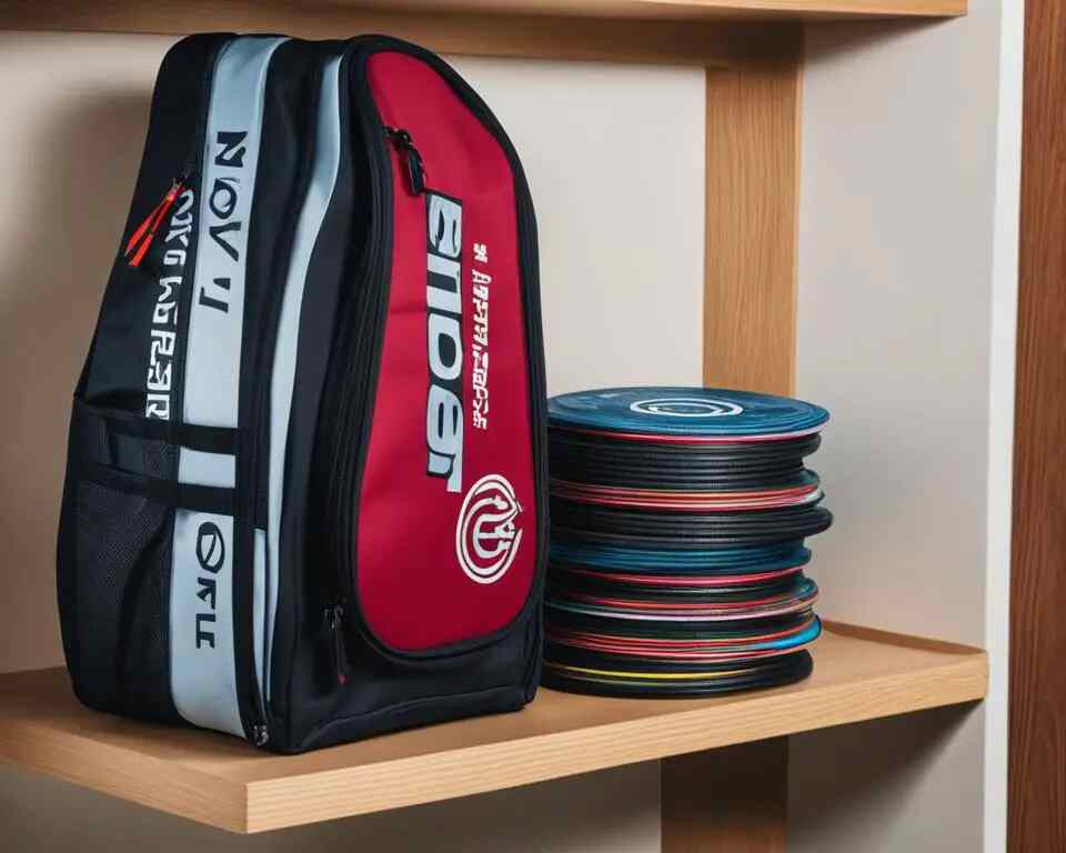 A disc golf bag, with several discs inside, sitting on a wooden shelf in a temperature-controlled room.