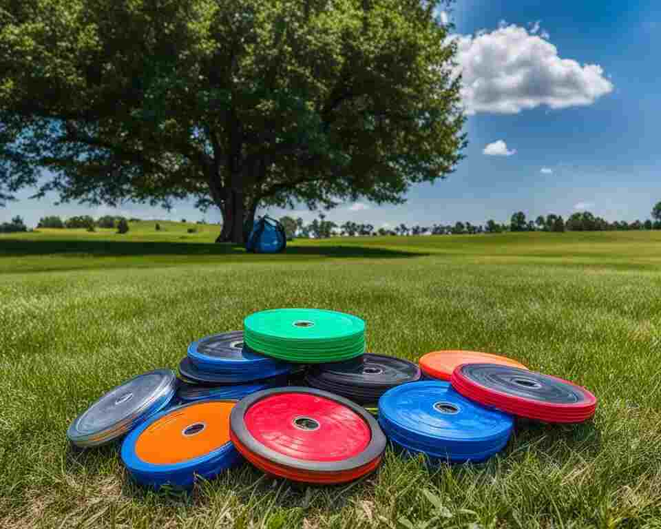 A pile of disc golf discs with different colors and designs, ranging from driver to putter.