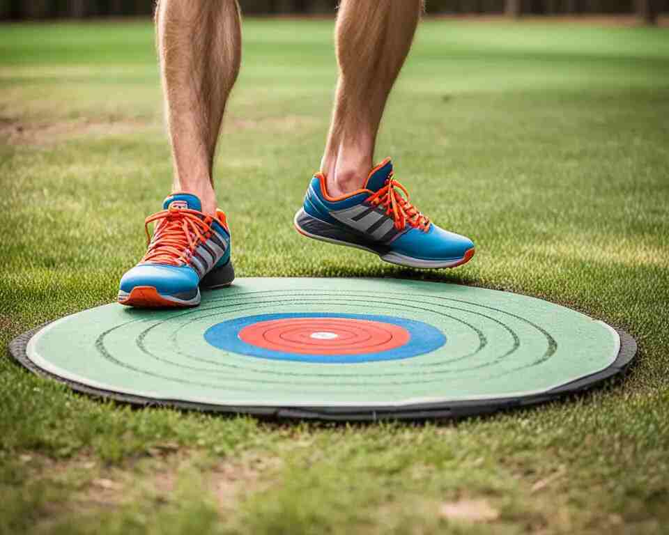 A close-up view of a pair of feet positioned on a tee pad in preparation for a disc golf throw.
