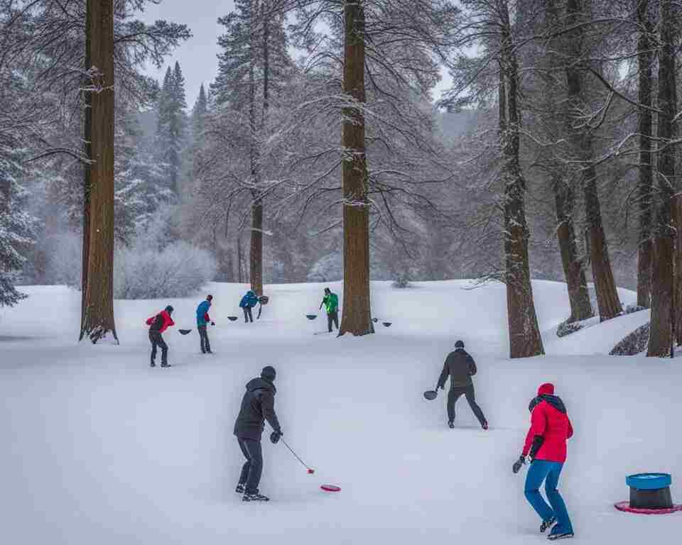 A group of disc golfers braving the winter weather, throwing their discs through a snowy course.