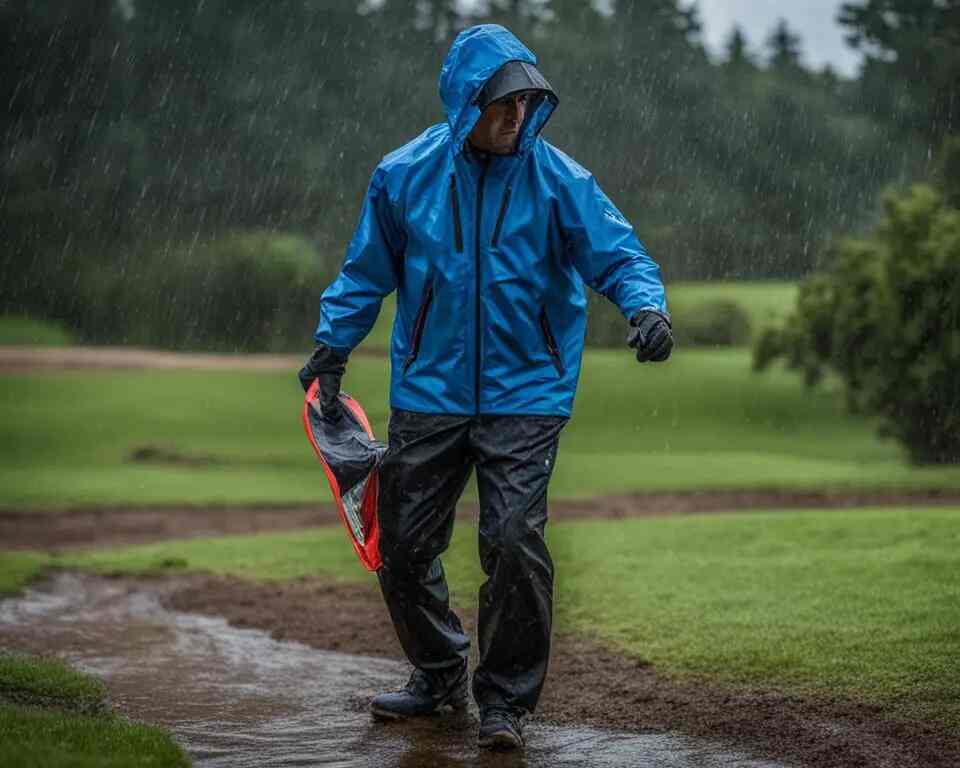 A person standing on a disc golf course with rain gear on, holding a disc and looking determined as rain falls heavily around them. 