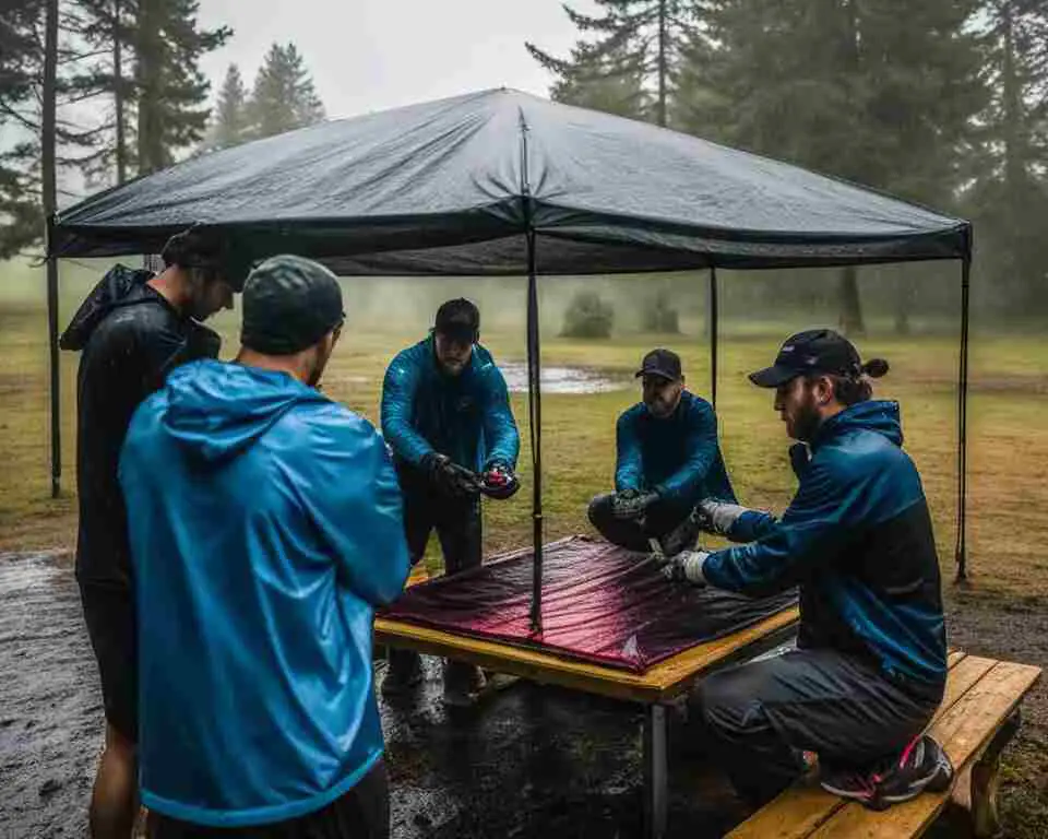 A group of disc golfers huddled under a makeshift shelter made of a tarp as rain pours down on the course.