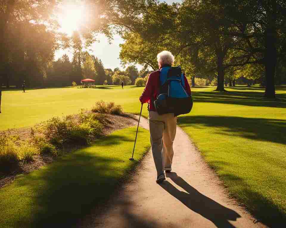 An elderly person with a disc golf bag slung over their shoulder, walking confidently towards a disc golf course.