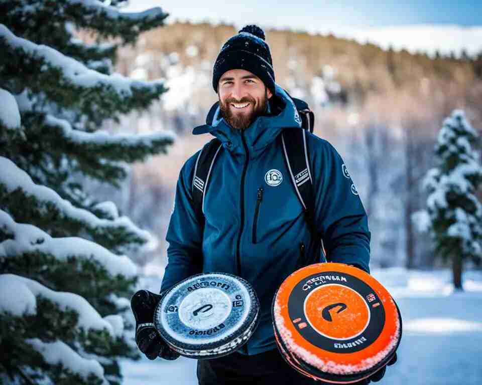 A disc golfer in winter gear holding up his preferred discs to use in winter weather.