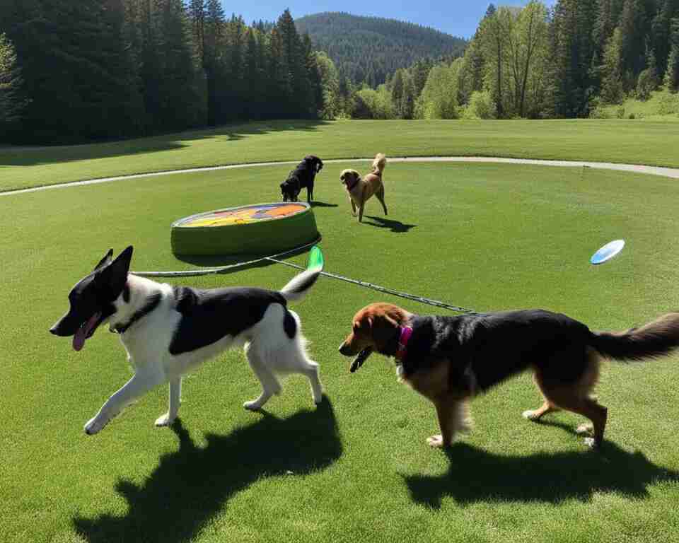 A group of dogs exploring a disc golf course, sniffing around baskets and discs left behind.