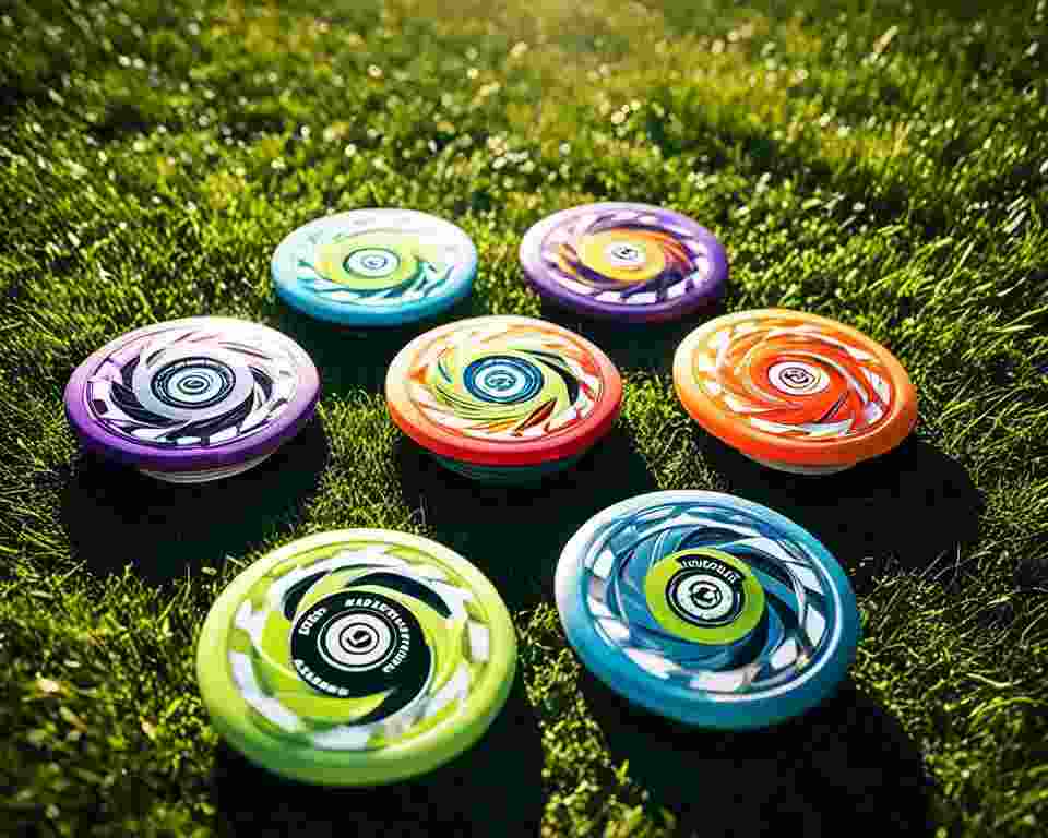 A close-up view of a variety of left-handed disc golf discs arranged together on a grassy surface.