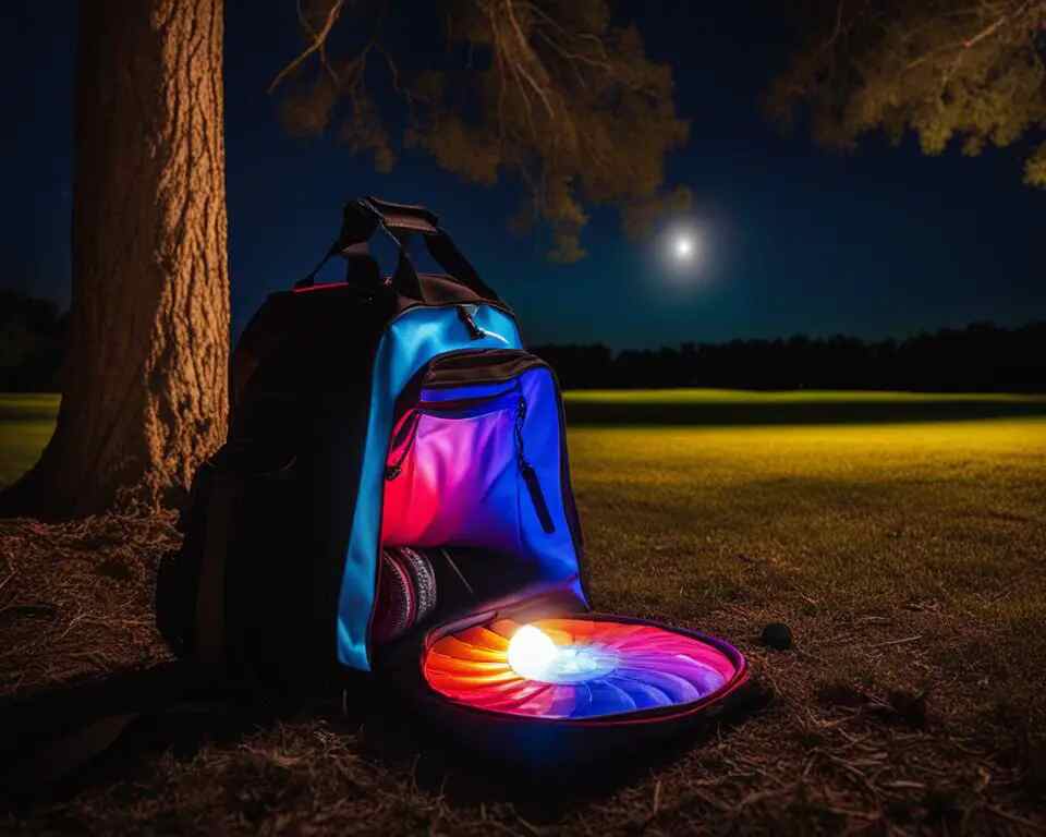 A disc golf bag with glowing discs and a flashlight attached, waiting to be used on a dark, moonlit course.